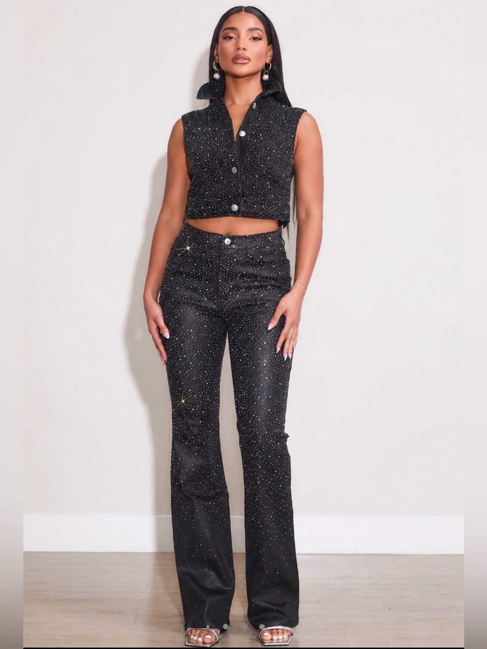 VIBRANT MIU BLACK DENIM RHINESTONE VEST AND JEANS ✨
